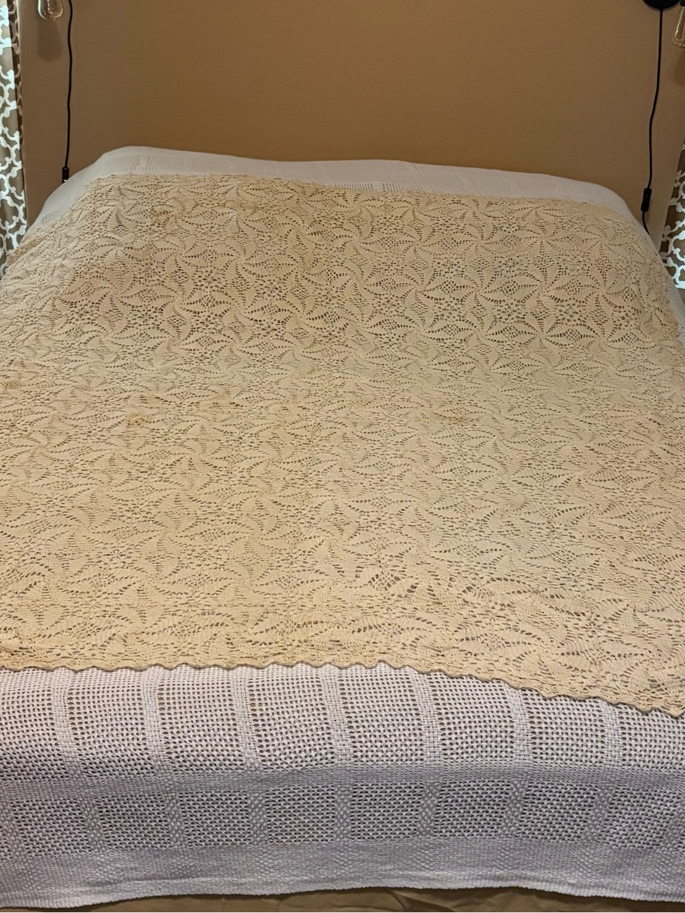 Vintage cream colored Crochet Bedspread or tablecloth